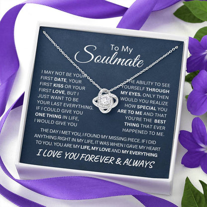 To My Soulmate Last Everything Love Knot Necklace on a Navy Message Card