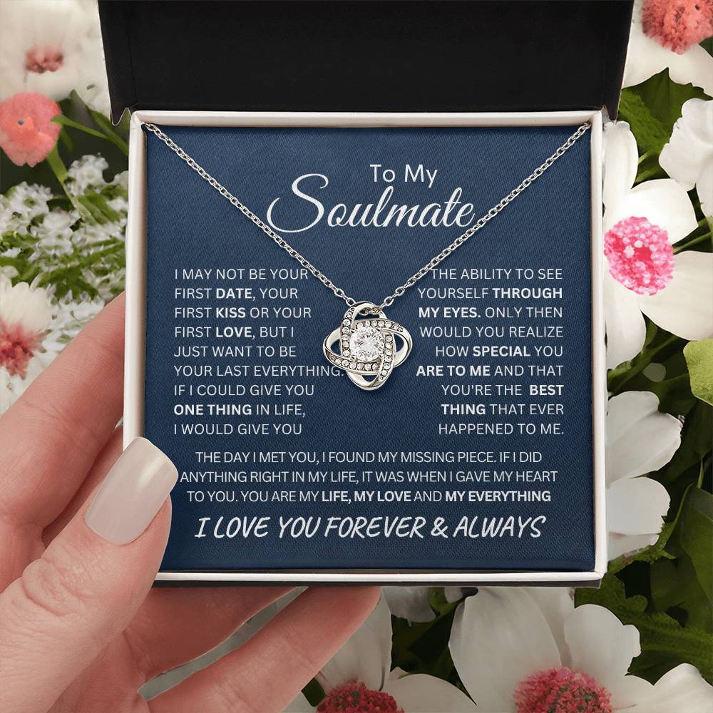 To My Soulmate Last Everything Love Knot Necklace on a Navy Message Card