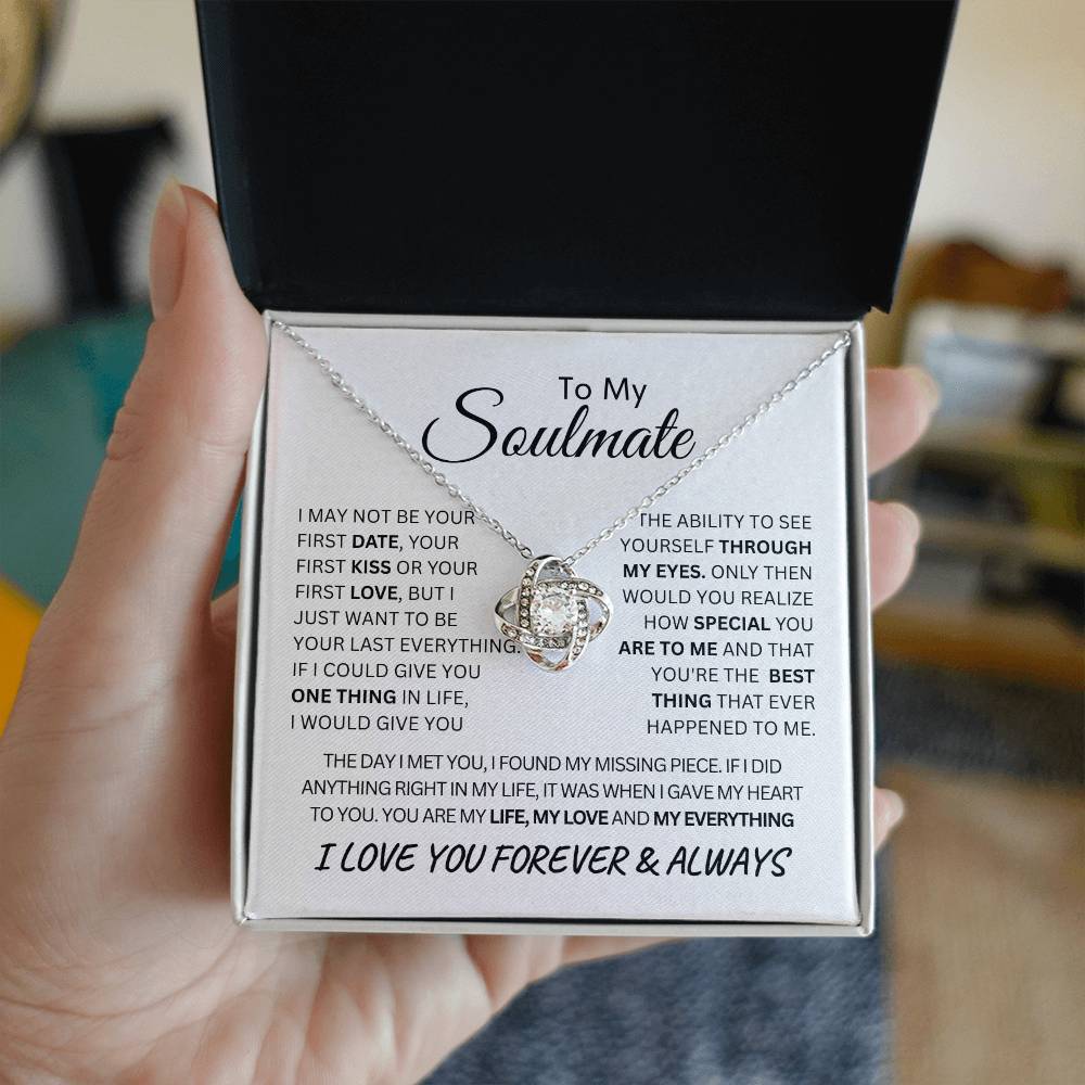 Beautiful Love Knot Necklace in 14K white gold over stainless steel. The Love Knot represents an unbreakable bond between two souls. This piece features a beautiful pendant embellished with premium cubic zirconia crystals. Surprise your loved one with this gorgeous gift today!