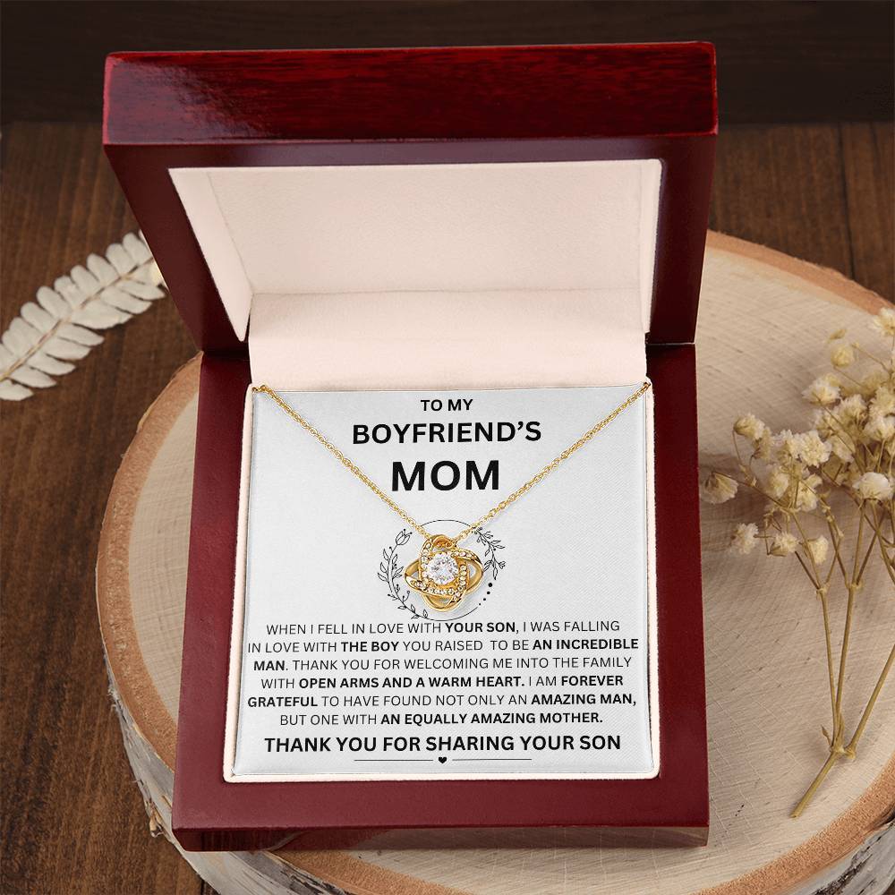 Love Knot Necklace for Boyfriend's Mom - Grateful Heart Gif in 18k gold in a mahogany style gift box with a dazzling LED light - Any Gift For You