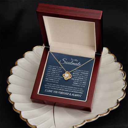 To My Soulmate Last Everything Love Knot Necklace on a Navy Message Card