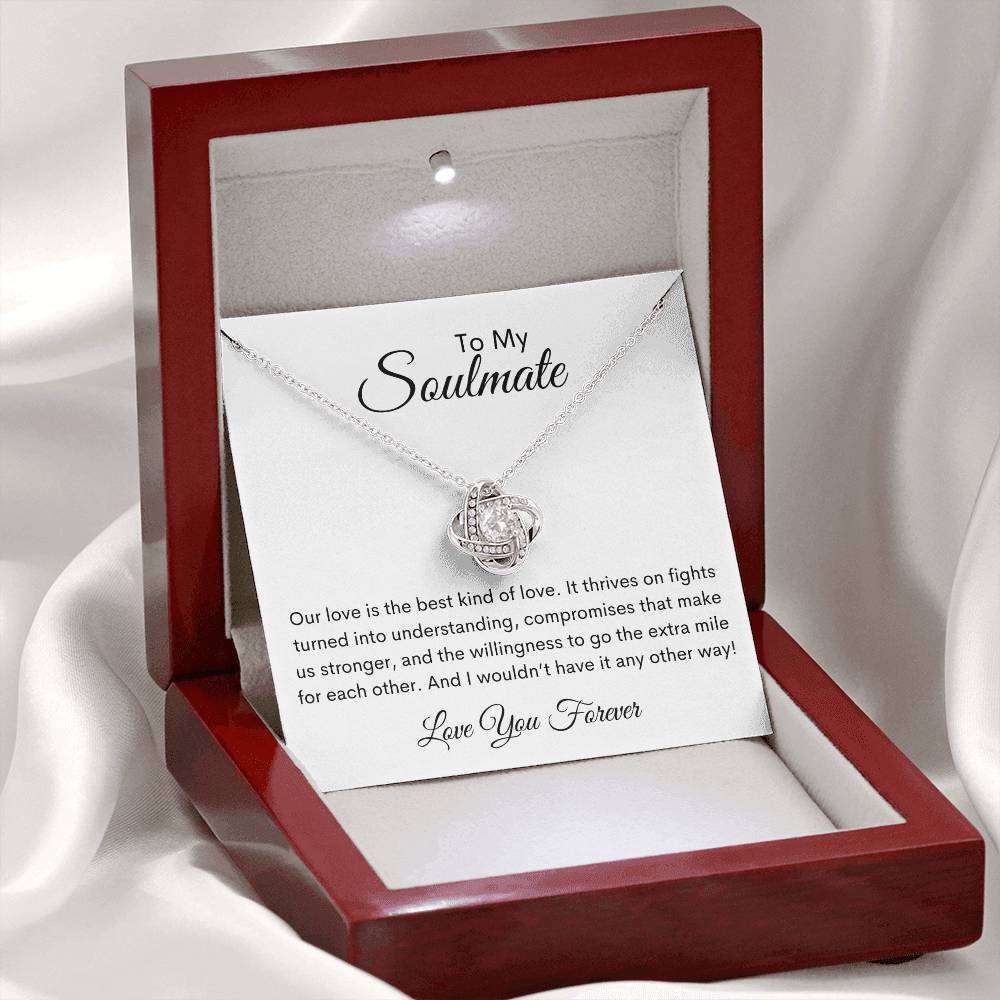 Eternal Bond Love Knot Necklace for Your Soulmate in 14k white gold with an LED lit mahogany box - Any Gift For You