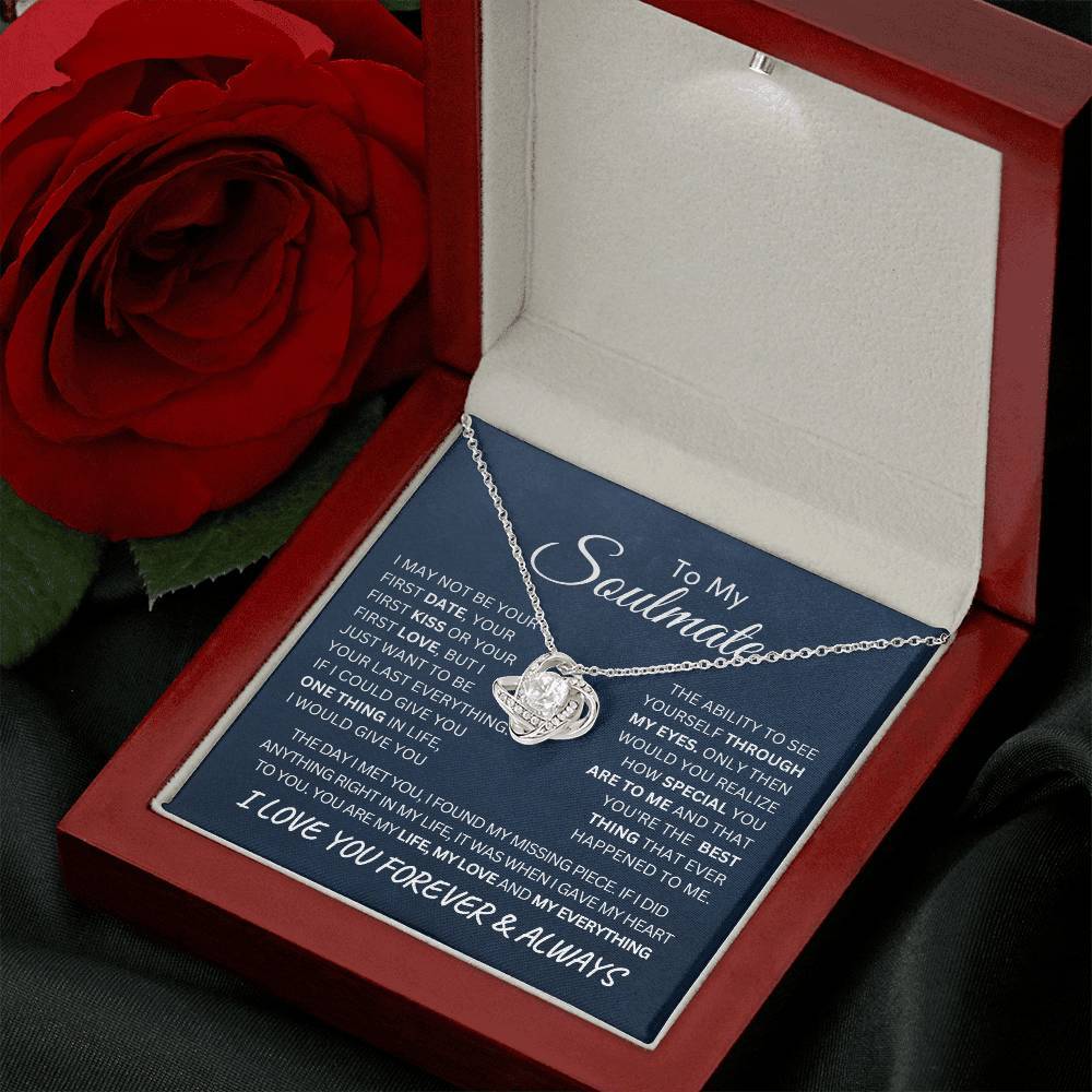 To My Soulmate Last Everything Love Knot Necklace on a Navy Message Card