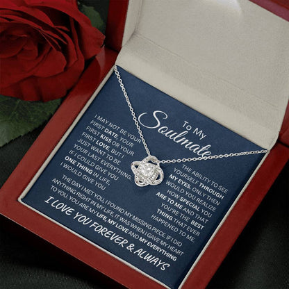 To My Soulmate Last Everything Love Knot Necklace on a Navy Message Card