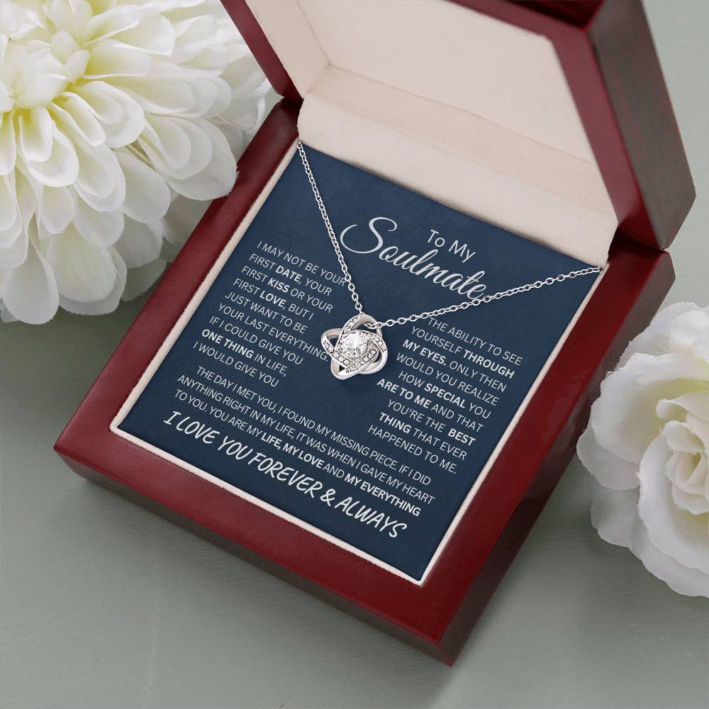 To My Soulmate Last Everything Love Knot Necklace on a Navy Message Card