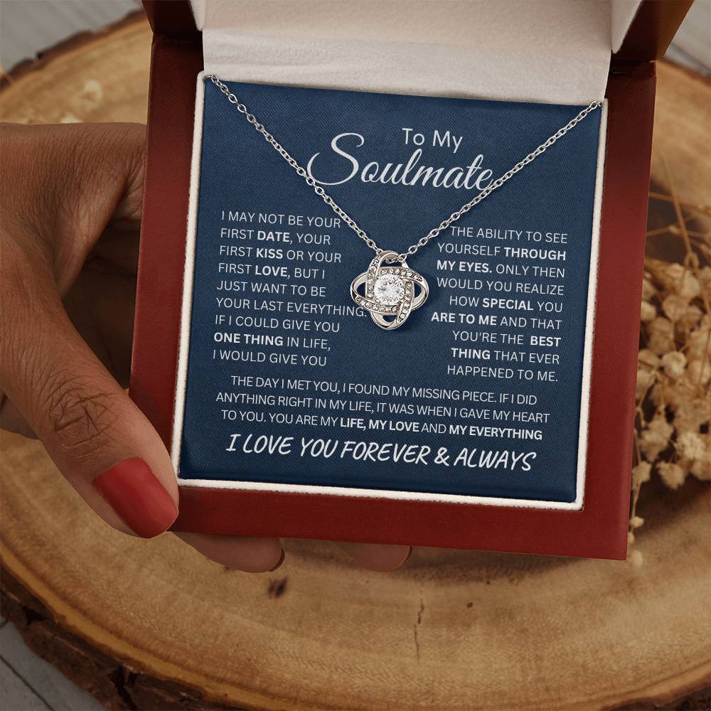 To My Soulmate Last Everything Love Knot Necklace on a Navy Message Card