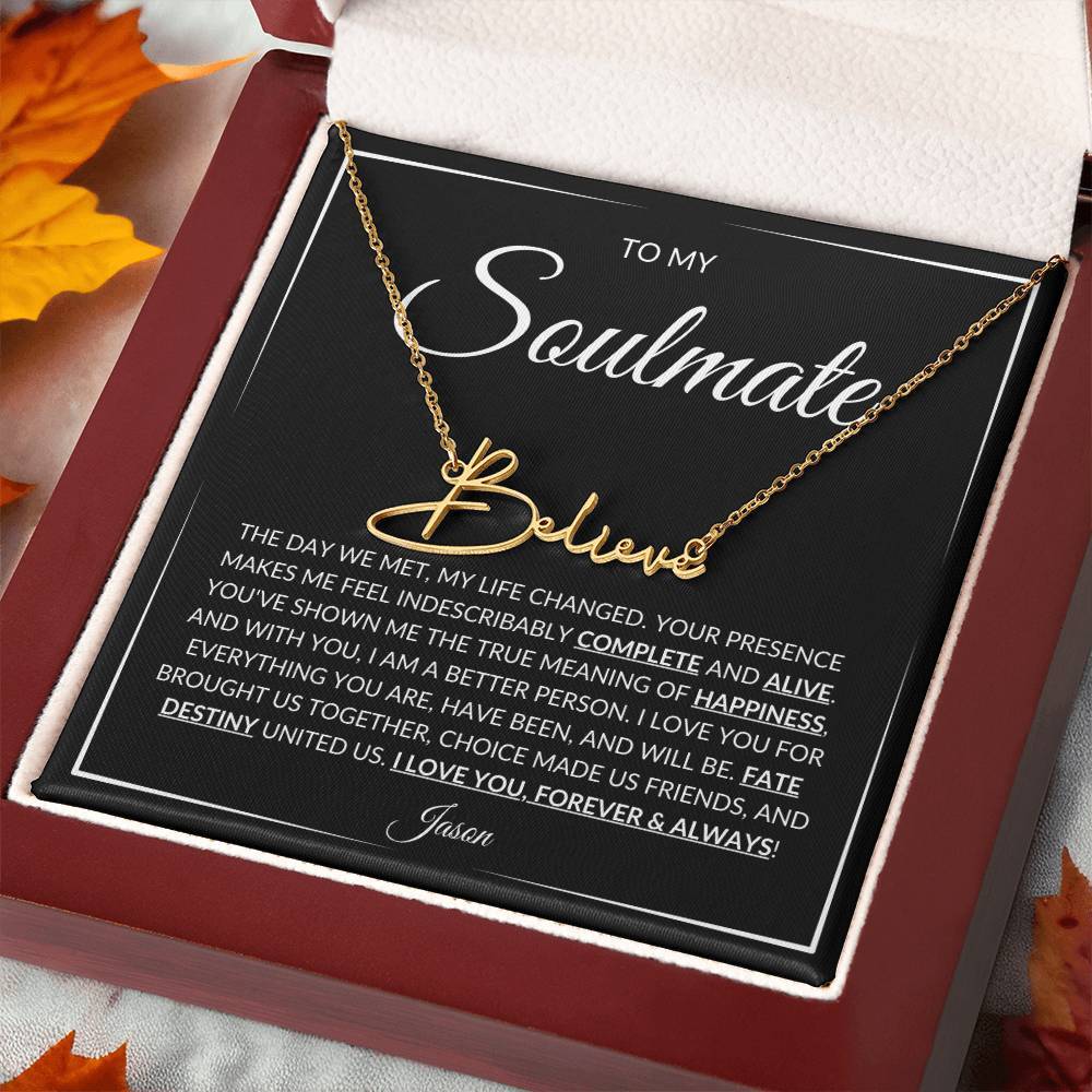 Soulmate Name Necklace in an 18k gold finish presented in a mahogany style gift box with a dazzling LED light - Any Gift For You