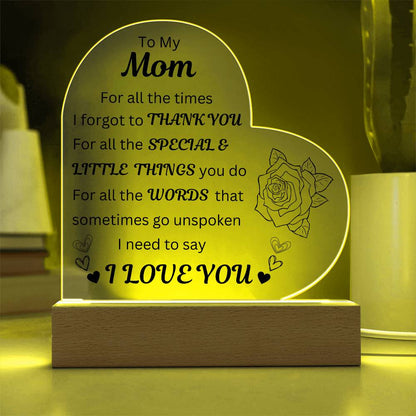 To Mom for the Special Little Things, Heart Printed Acrylic Plaque