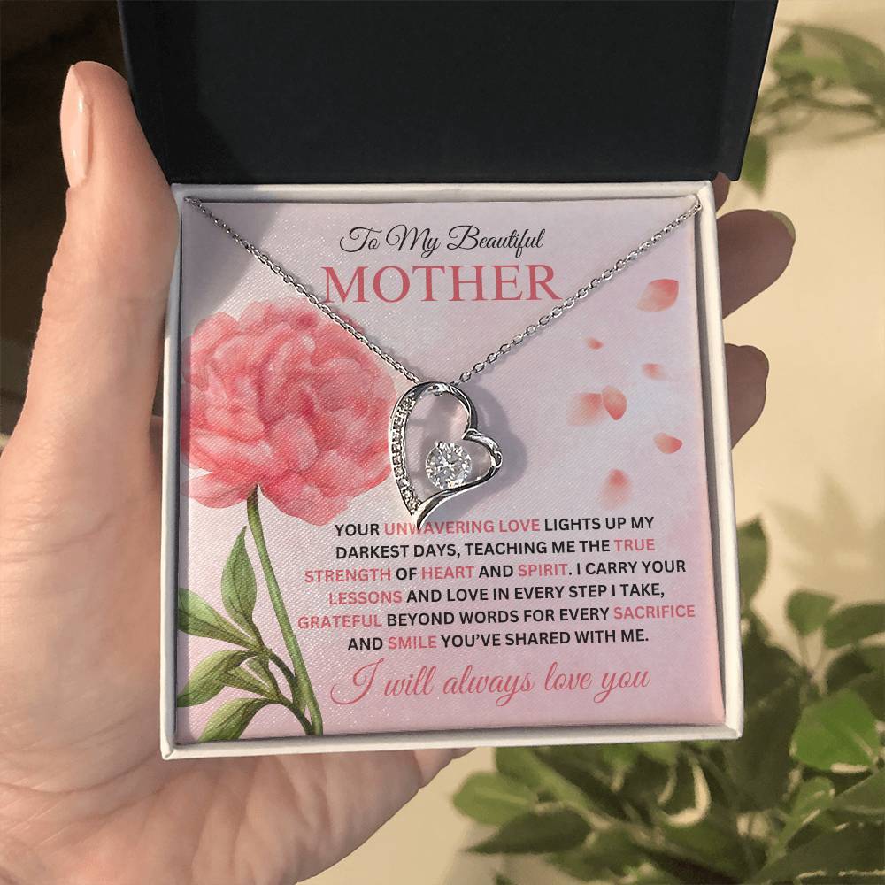 Forever Love Necklace for Mom - I Carry Your Love and Lessons in Every Step in 14k white gold finish on a pink  message card showing a pink peony, in a soft touch gift box - Any Gift For You