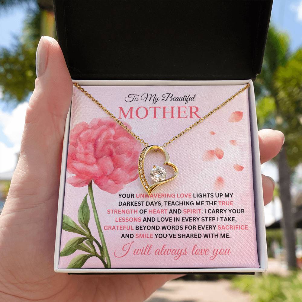 Forever Love Necklace for Mom - I Carry Your Love and Lessons in Every Step in 18k gold finish on a pink  message card showing a pink peony, in a soft touch gift box - Any Gift For You