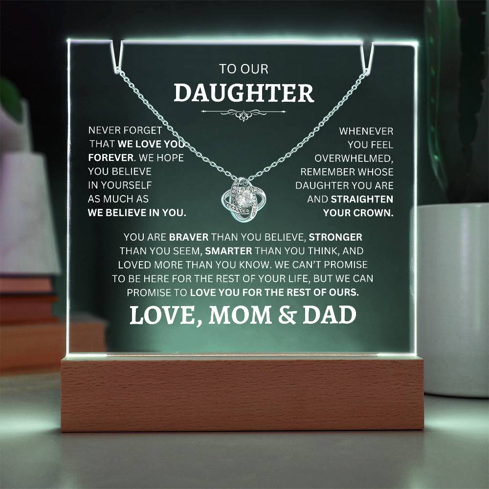 Acrylic Plaque Love Knot Necklace to Daughter From Mom & Dad in 18k white gold - Any Gift For You