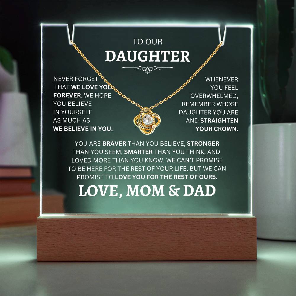 Acrylic Plaque Love Knot Necklace to Daughter From Mom & Dad in 14k gold - Any Gift For You