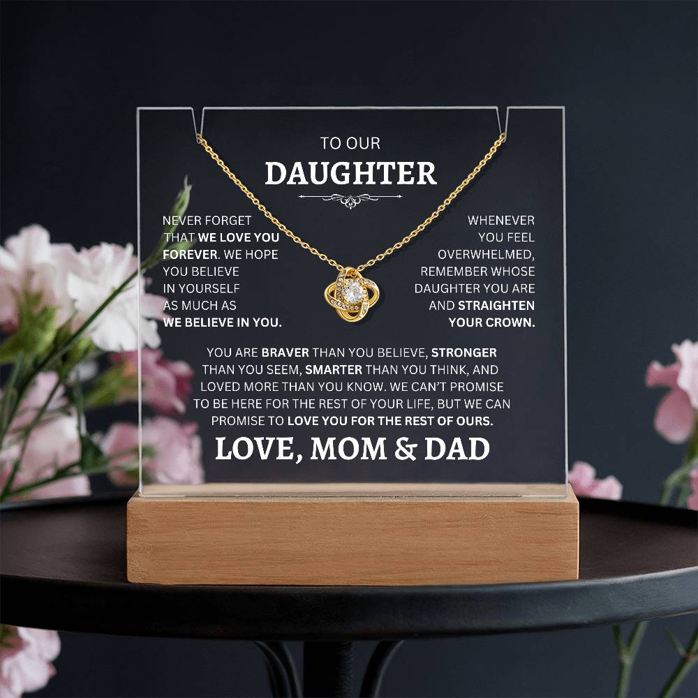 Acrylic Plaque Love Knot Necklace to Daughter From Mom & Dad in 14k gold - Any Gift For You