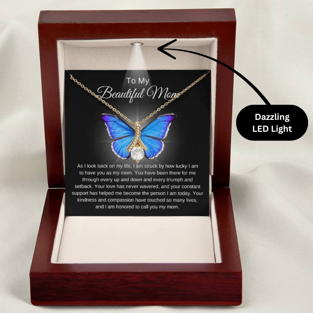 Mom's Alluring Beauty Necklace - A Tribute to Unwavering Love (Blue) in 18k gold finish and a mahogany style box showcasing the dazzling LED light - Any Gift For You