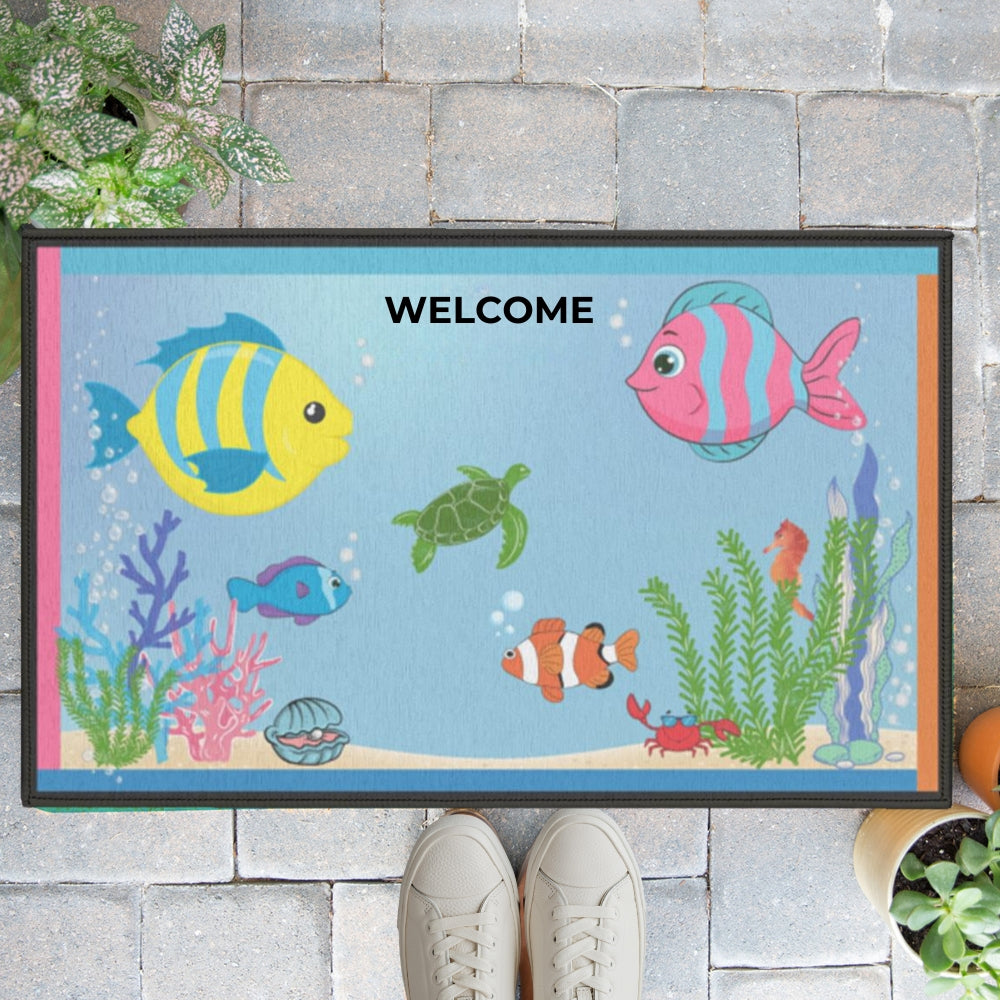 Personalized Ocean Themed Indoor Doormat on a stone floor personalized with WELCOME text - Any Gift For You