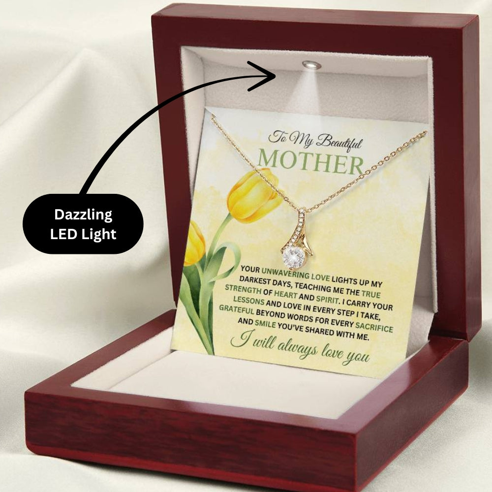 Alluring Beauty Necklace for Mom - I Carry Your Love and Lessons in Every Step in 18k gold finish with a mahogany style gift box showing a dazzling LED light - Any Gift For You