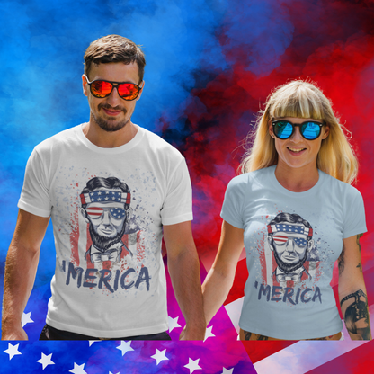 Abe Lincoln 'MERICA T-Shirt in white and light blue - Any Gift For You